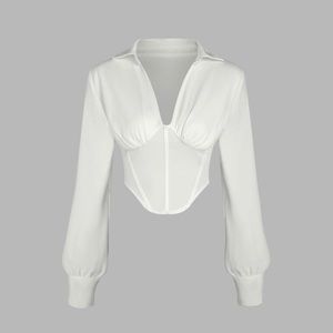 Solid Collar Long Sleeve Crop Top